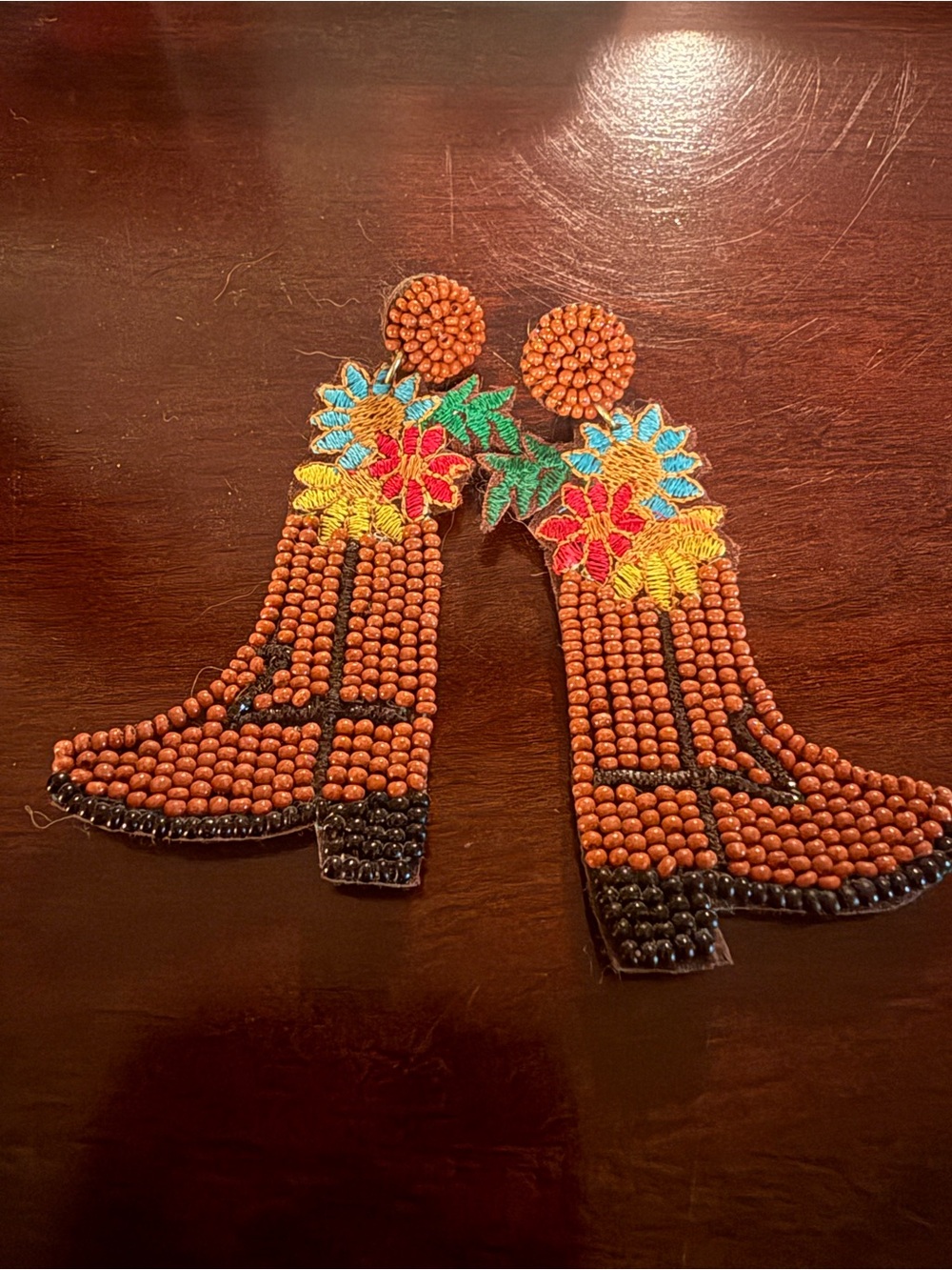 Handmade Beaded Orange Cowboy Boot Statement Earrings